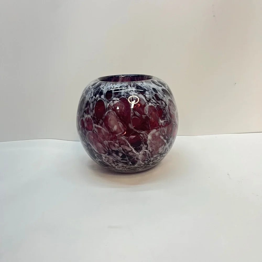 Amethyst‎ Purple White Art Glass Vase Hand Blown Mottled Orb Round Bud Vase 4.5